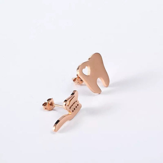 Tooth & Toothbrush Stud Earrings - Dental Crazed Rose Gold