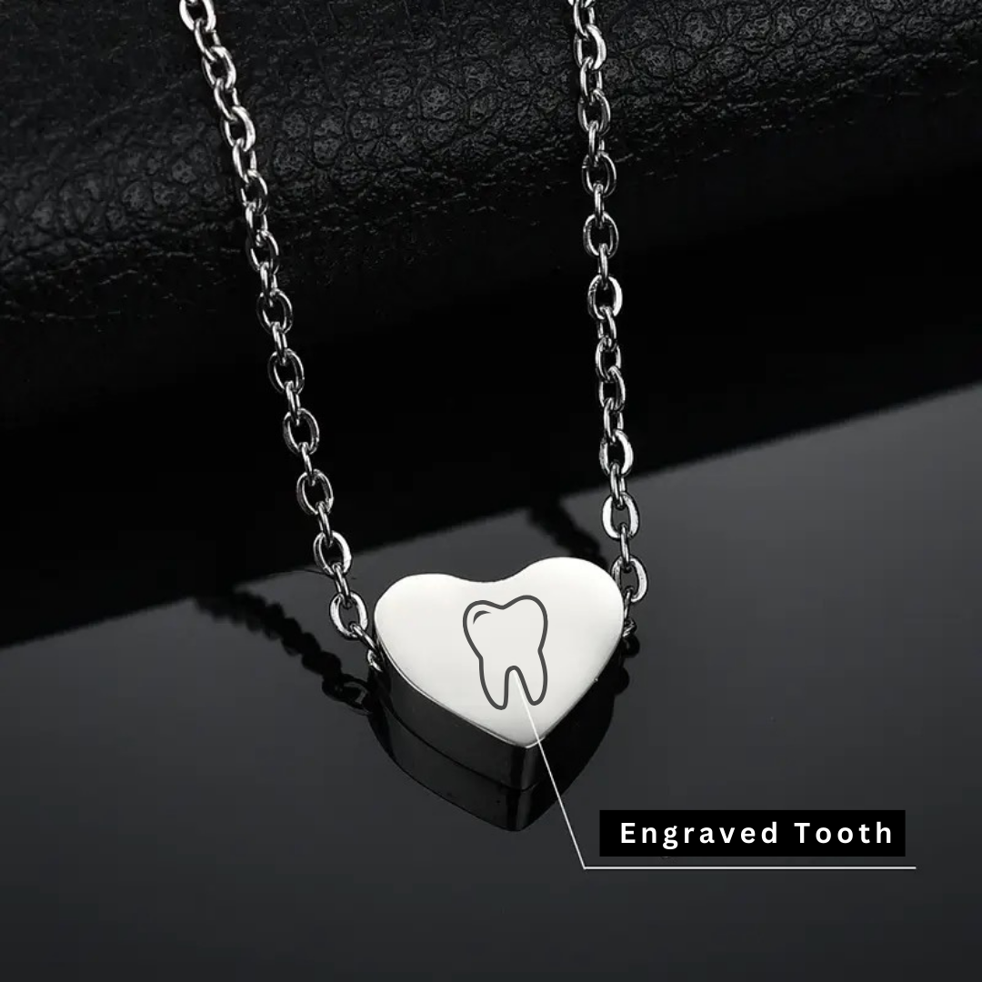 Dainty Heart Tooth Necklace Pendant - Dental Crazed Silver