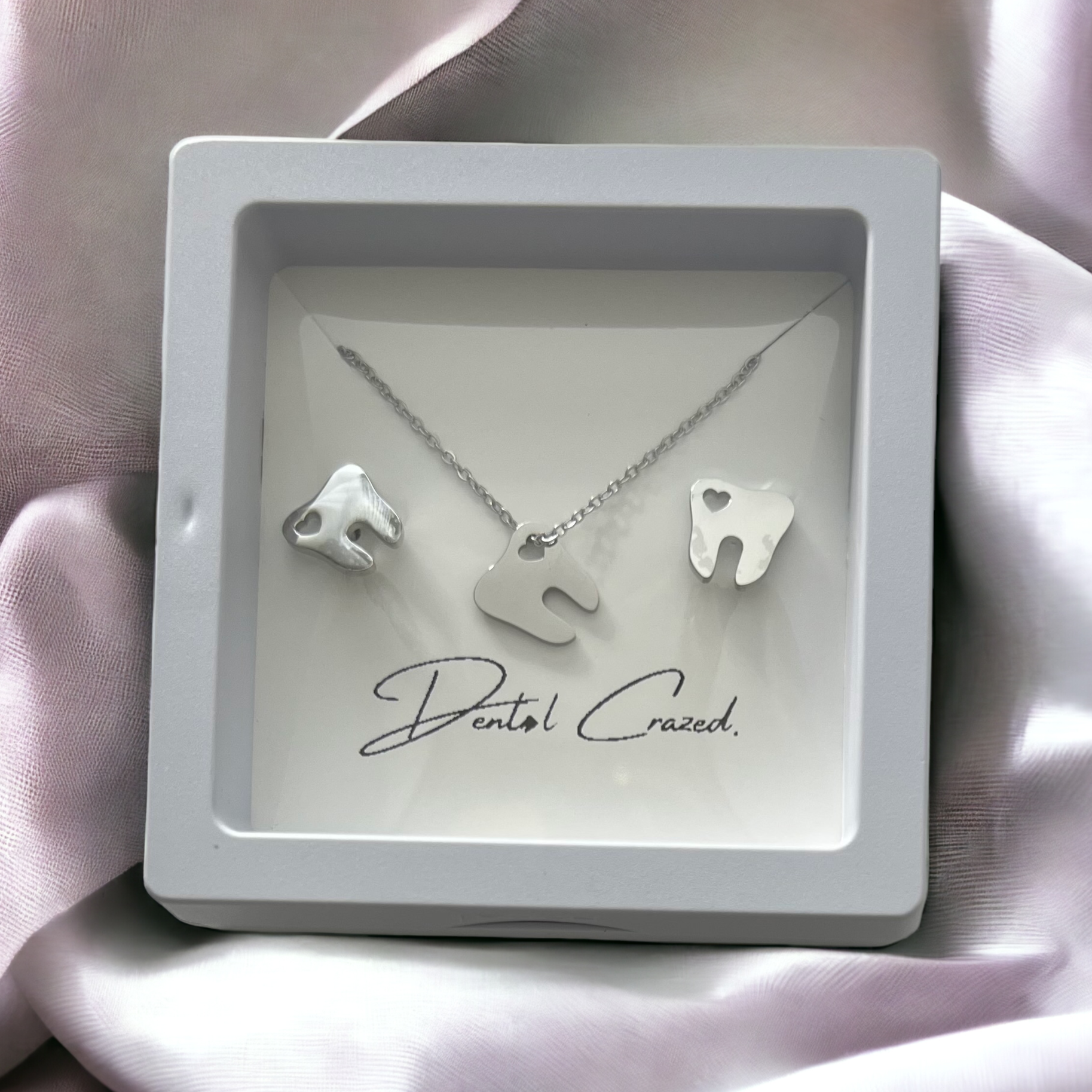 Hollow Heart Tooth Stud Earrings & Necklace SET - Dental Crazed Silver