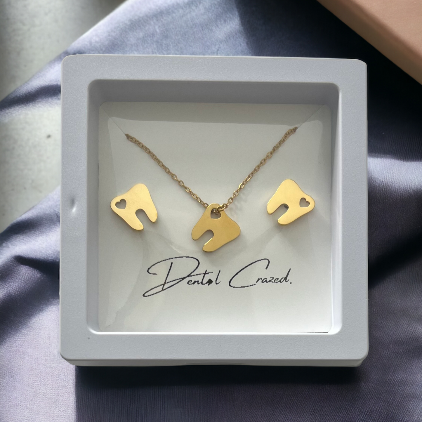 Hollow Heart Tooth Stud Earrings & Necklace SET - Dental Crazed Gold