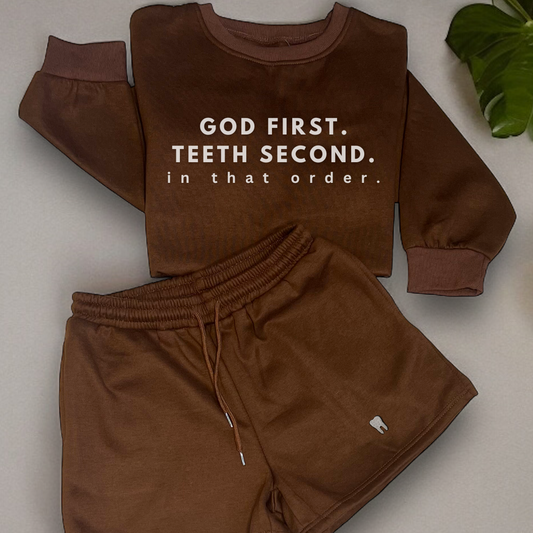 GOD + TEETH Sweat Short SET Loungewear - Dental Crazed Coffee / S