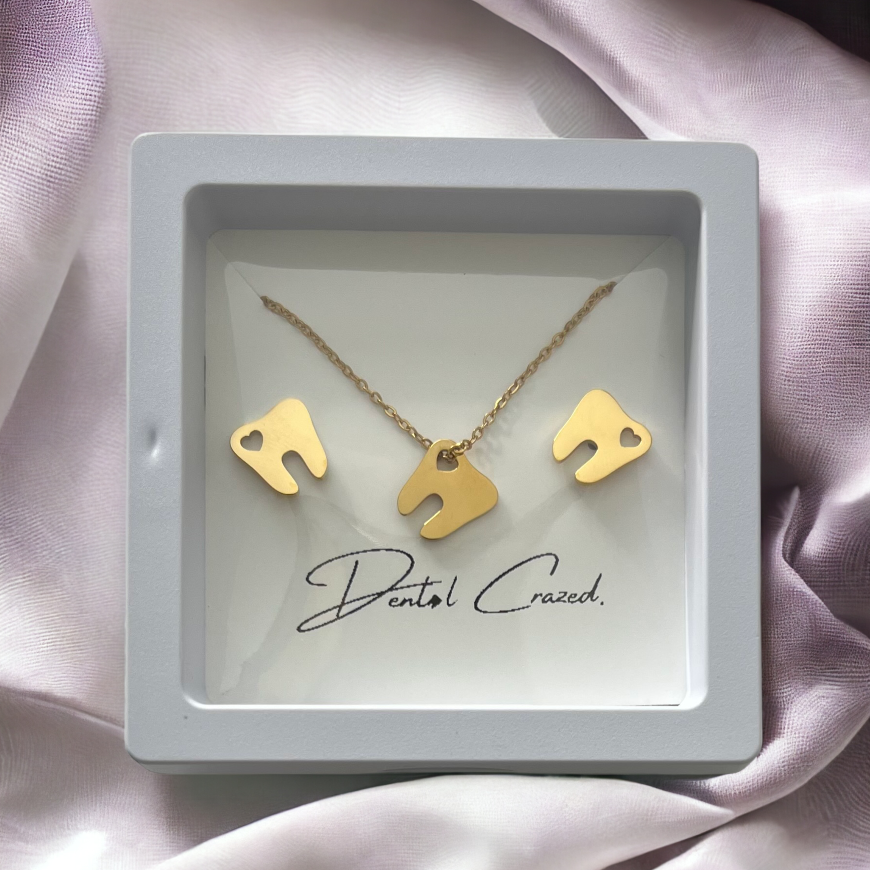 Hollow Heart Tooth Stud Earrings & Necklace SET - Dental Crazed Gold