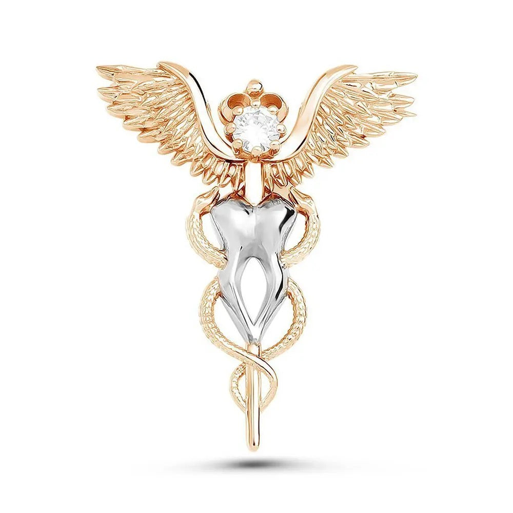 Caduceus Tooth Wings Lapel Pin - Dental Crazed Gold