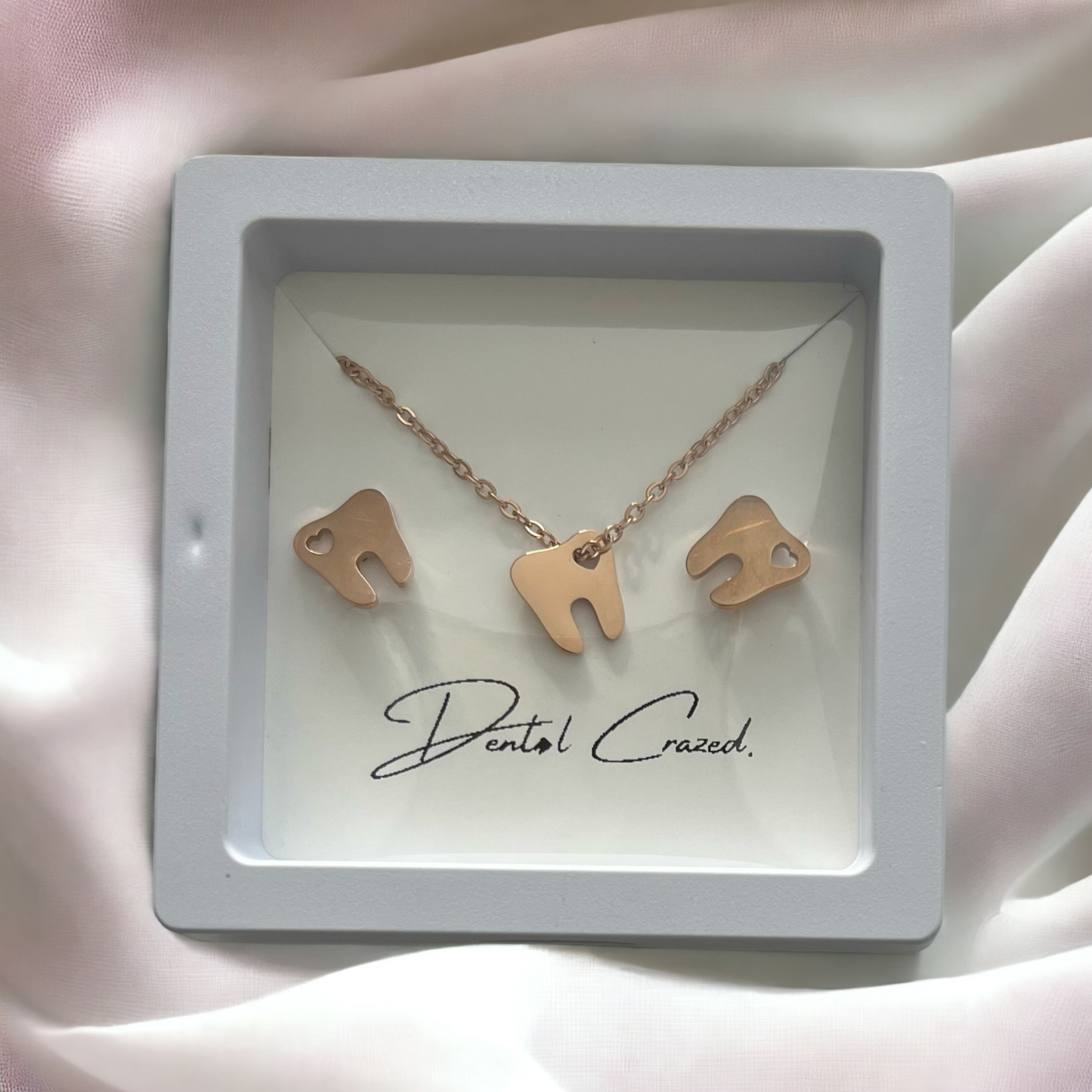 Hollow Heart Tooth Stud Earrings & Necklace SET - Dental Crazed Rose Gold