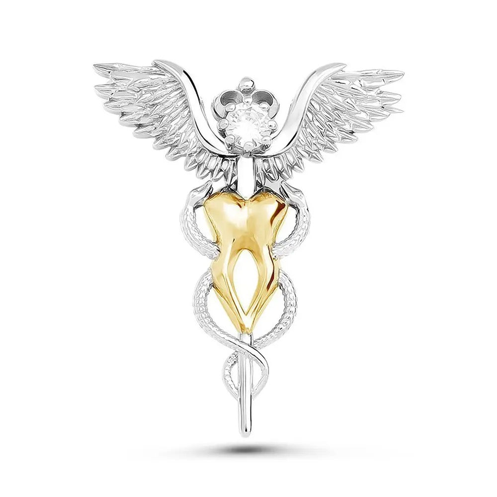 Caduceus Tooth Wings Lapel Pin - Dental Crazed Silver