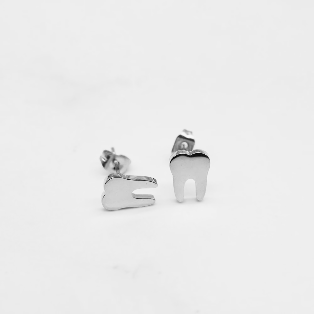 Dainty Tooth Stud Earrings - Dental Crazed Silver