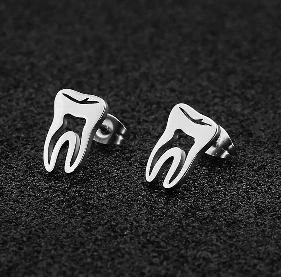 Tooth Stud Earring SET - Dental Crazed Silver