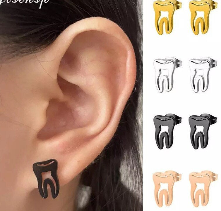 Tooth Stud Earring SET - Dental Crazed Black