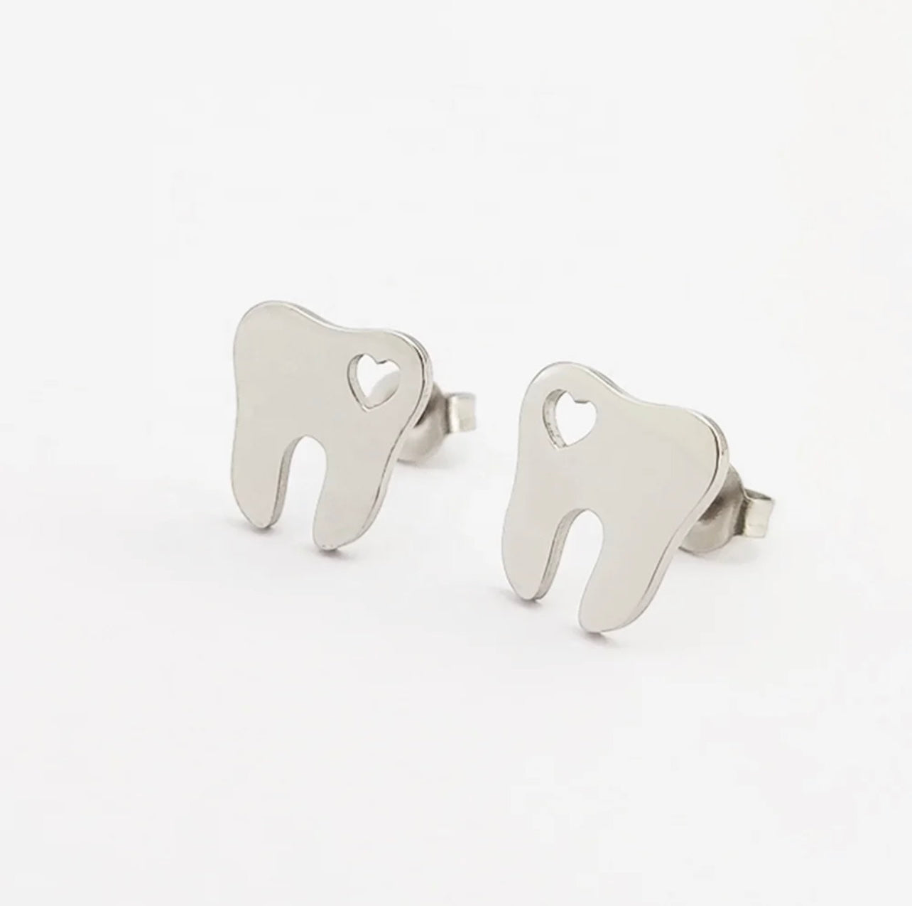 Hollow Heart Tooth Stud Earrings - Dental Crazed Silver