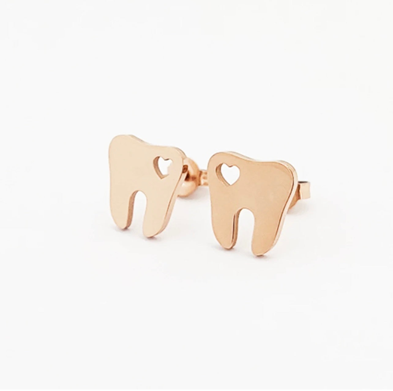 Hollow Heart Tooth Stud Earring SET - Dental Crazed Rose Gold