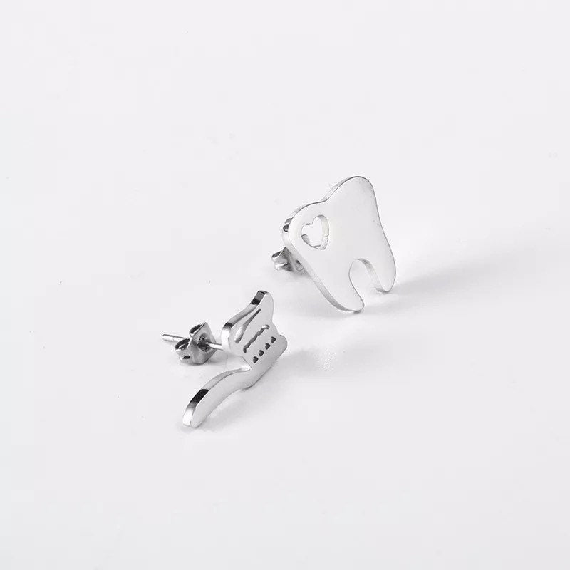 Tooth & Toothbrush Stud Earrings - Dental Crazed Silver