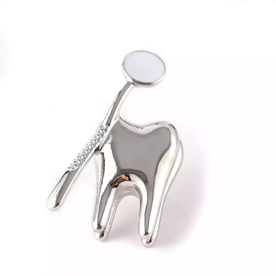 Personalizable Tooth and Mouth Mirror Lapel Pin - Dental Crazed Silver