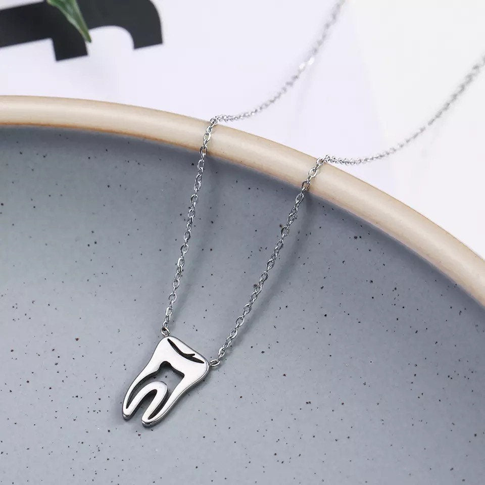 Tooth Necklace Pendant - Dental Crazed Silver