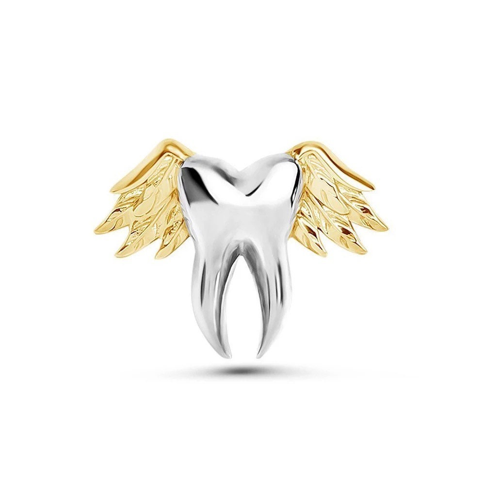 Wings Tooth Lapel Pin - Dental Crazed Silver