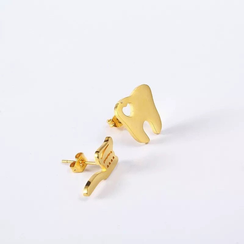 Tooth & Toothbrush Stud Earrings - Dental Crazed Gold