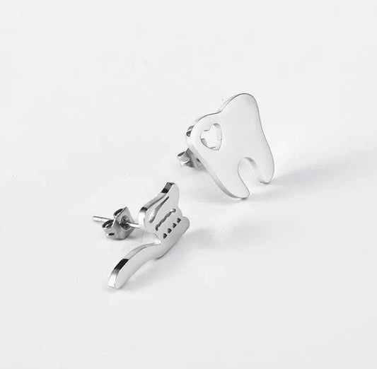 Tooth & Toothbrush Stud Earrings - Dental Crazed Silver