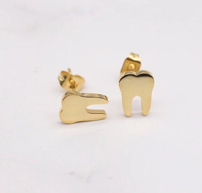 Dainty Tooth Stud Earrings - Dental Crazed Gold